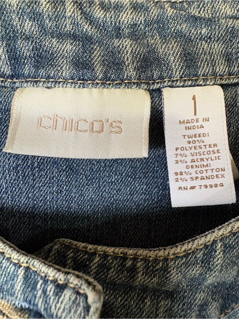 Chico’s Tweed & Denim Trim Collarless Jacket Sz 1 (Medium) Boho Chic - Picture 5 of 7